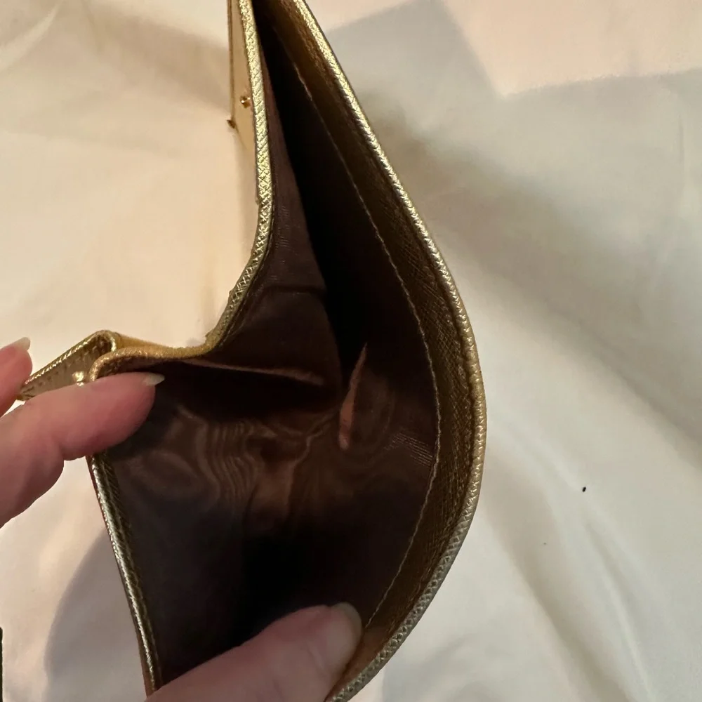Authentic PRADA Gold Genuine Saffiano Leather Compact Wallet Pre-owned